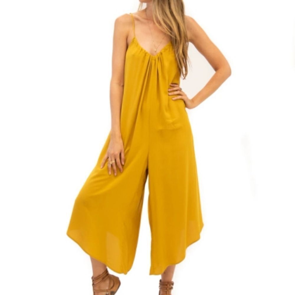 Forever 21 deep yellow spaghetti strap V neck cropped wide leg jumpsuit ( small)